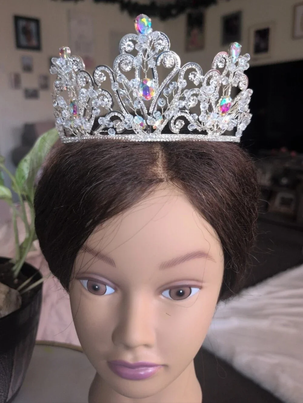 Silver Rhinestone Tiara Crown with Iridescent Gems